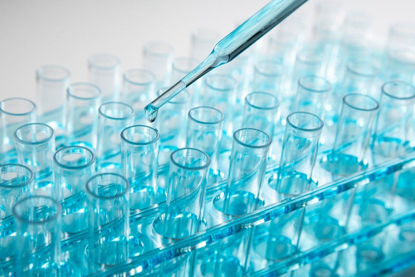 A pipette filling rows of test tubes